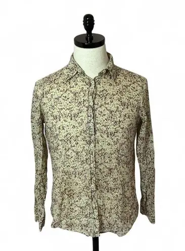 Floral Button Up Shirt Cream Brown Purple Print Long Sleeve Cotton Casual