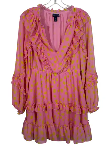 Scoop Pink Yellow Polka Dot Frilly Long Sleeve Tiered Dress NWT Statement Preppy