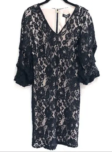 DKNY  Lace Ruched 3/4 Sleeve Cocktail Dress Black 4