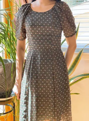 Pinkyotto Fit and Flare Chiffon Peasant Geometric Pattern Print Dress Green XS