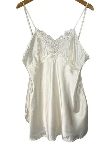 Vtg Y2K Cinema Etoile Satin Slip Cami Tank Embellished Lace Sz Large White