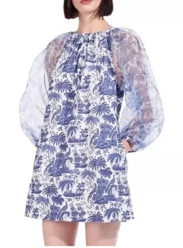STAUD Garden Balloon Sleeve Shift Dress In China Blue Toile