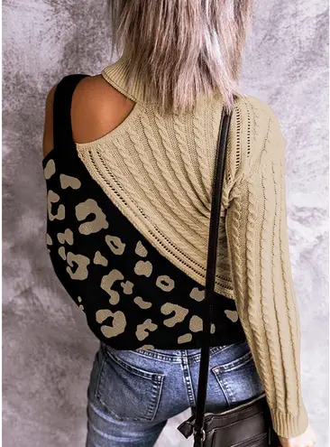 Long Sleeve Cold Shoulder Turtleneck Knit Pullover Sweater Leopard Khaki Black Multiple Size XXL