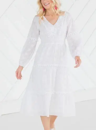 Sail To Sable Embroidered Pom Pom Midi Dress White