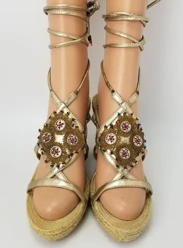 Report Beaded Espadrilles Wedge Platforms Tie Leg Lace Up Straps Sandals Sz 8.5 Brown