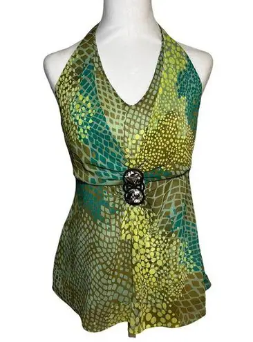 Vintage Y2K Halter Top Green Blue Yellow Brown Size 10 Boho Fairy Jewel Gem Tank
