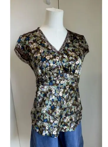 Y2K Floral Womens Tops Silk Size Small/Medium Lace Trim Cottage core Boho Vibes Brown