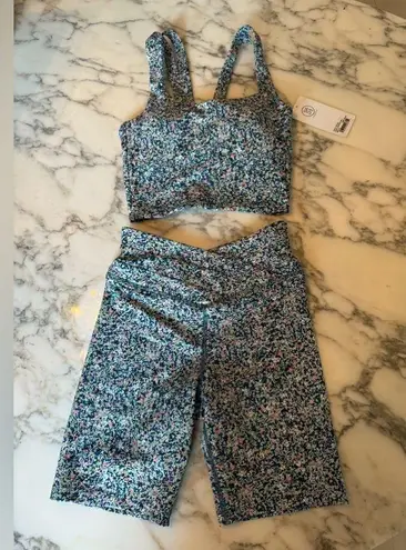 NWT Sage Collective Set Blue Static Ditsy Longline Sports Bra and Biker Shorts Pink Size XS