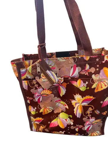 Butterfly Print Brown Tote Bag Zip Top Easy Wipe Clean Lunch Diaper Coin Purse