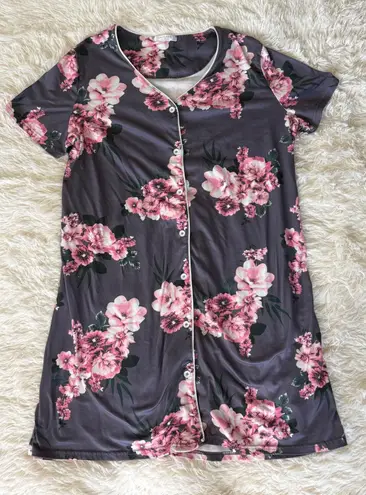 Ekouaer Women's Floral Print Button Down Short Sleeve Nightgown Sleep Shirt Gray Size M