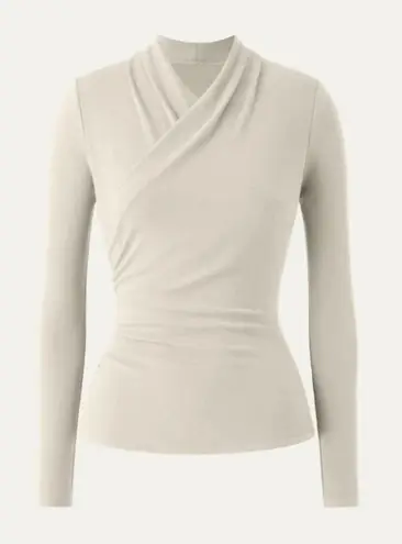 OGL Women's LiteWarm Surplice Long Sleeve Ruched Crossover Top Beige XS New