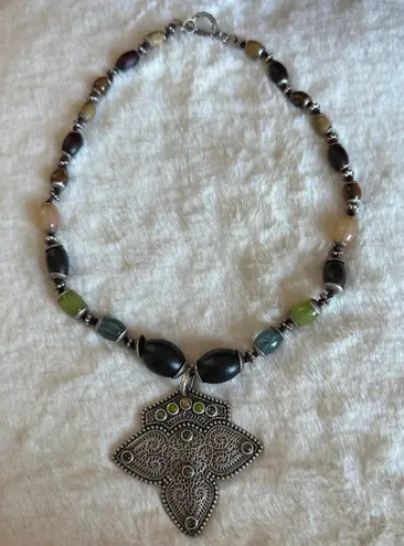 Boho Artisan Beaded Necklace Tribal Filigree Pendant Statement Earthy Y2K Witchy