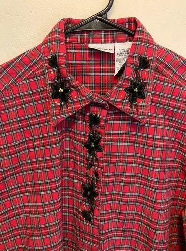 Cabin creek Women's Vintage Christmas Plaid Button Down Floral Embroidered Collar Size XL