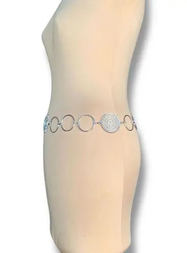 None Silver Tone Rhinestone Filigree Medallion Chain Link Belt Adjustable Fit Boho