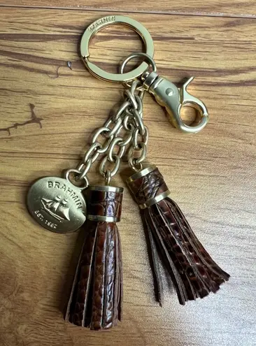 Brahmin Double Tassel Key Fob Brown Croc Embossed Bag Charm Schooner Keychain