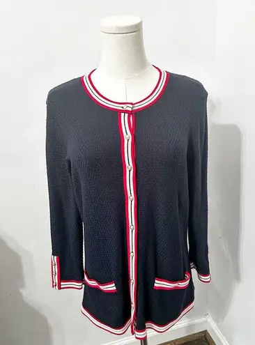 Talbots  PETITE Medium Navy Blue Red Textured Knit Pearl Cap Button Cardigan - Image 2