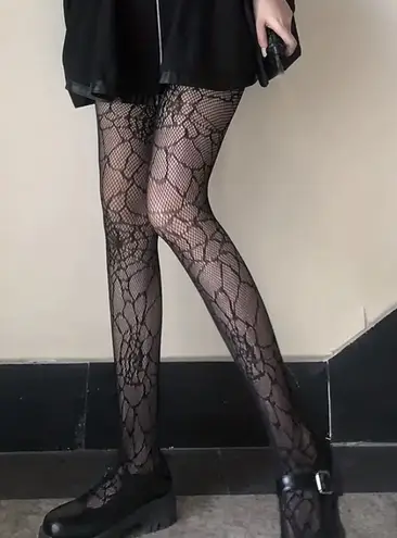 Spider Jacquard Tights, Gothic Punk Style High Waist Hollow Fishnet Pantyhose Black