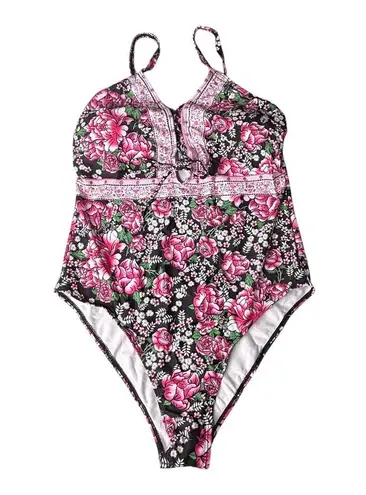 NEW WDIRARA Women's Plus 1XL Floral Print Lace Up One Piece SWIMSUIT Tie Front Pink Size 1X