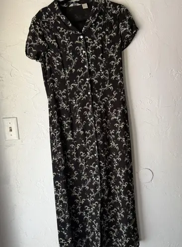 J Jill Dress Womens 4 Black White Floral Button Front Short Sleeve Rayon Midi