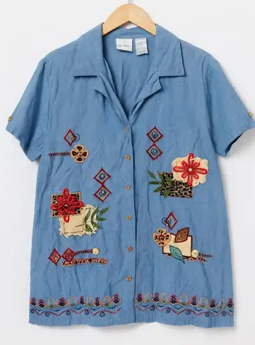 Vintage Bobbie Brooks Embroidered Patchwork Floral Stitched Button Top sz M Boho Blue Size M