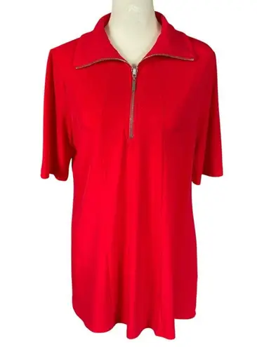 Susan Graver red quarter zip collared short sleeve stretchy top women's size S