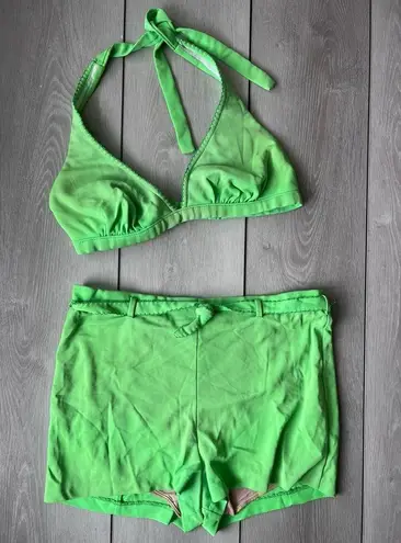 Catalina Vintage 70s  Swimsuit Neon Green Retro Pinup Style High Waist Bottoms 10