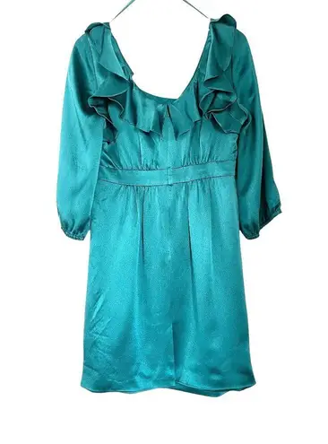 Tibi emerald green hammered satin 100% silk dress ruffled neckline size 8 New