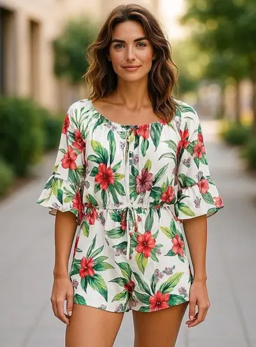 Hint of Blush Floral Off-Shoulder Romper - Size Small - Bell Sleeves White Print