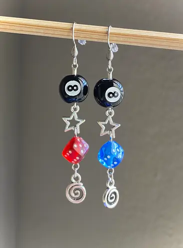 Handmade y2k Kawaii funky grunge style dice star teeth 8ball swirl unique dangle earrings 🎲❤️🦷⭐️💙super fun to wear🎵✌️✨