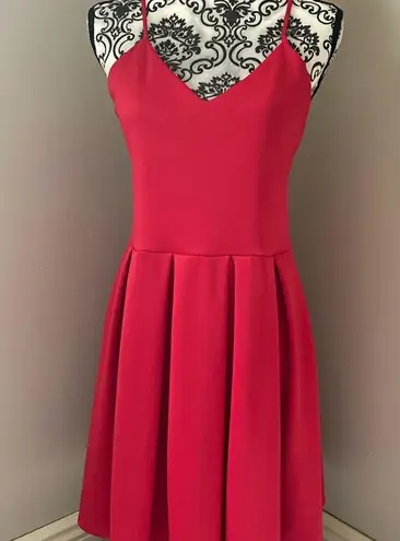 Soprano  Women's V Neck Spaghetti Strap Red Fit to Flare Pleat Dress Size L.