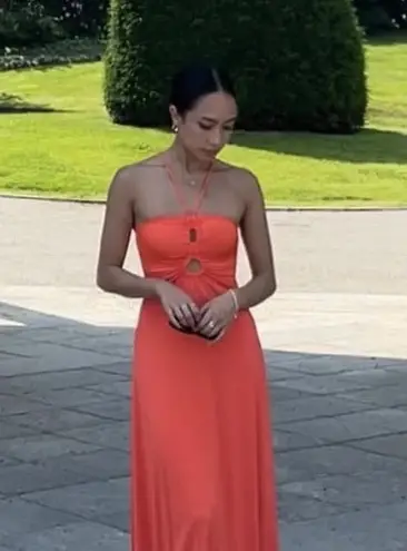 Sincerely Jules Bright Orange Halter Flowy Slinky midi dress