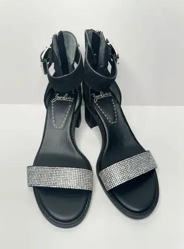 Zodiac  Sandals Womens 7.5 Black Leather Ankle-Strap Block-Heel Rhinestone Zip