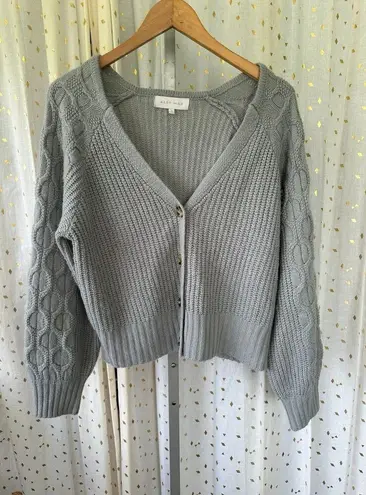 Ally Mae Gray Cable Knit Rib Stitch Button Down Balloon Long Sleeve Cardigan L Size L
