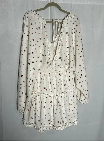 Blush Mark Cream Floral V Neck Smocked Waist Cut Out Low Back Long Sleeve Dress Pink Size L