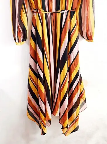City Chic Dress Gold Stripe Multicolored Maxi Sz 16W NWT V Neck Asymmetrical Hem