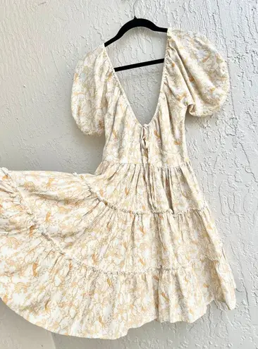 Krewe Du Q Puff Sleeve Floral Print Tiered Samos Mini Dress Honey Womens Size XS