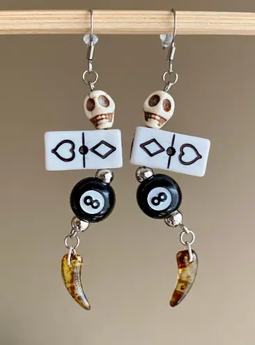 Handmade y2k Kawaii funky grunge style dice & 8 ball & skull & Czech glass unique dangle earrings 🎲🖤💀