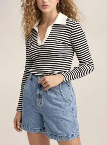 Mango Ribbed Knit Black White Striped Cropped Collared Top