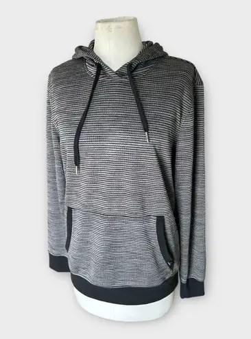 prAna Womens Striped Hoodie Sweatshirt sz Large Black Gray Stripes Gorpcore Cozy