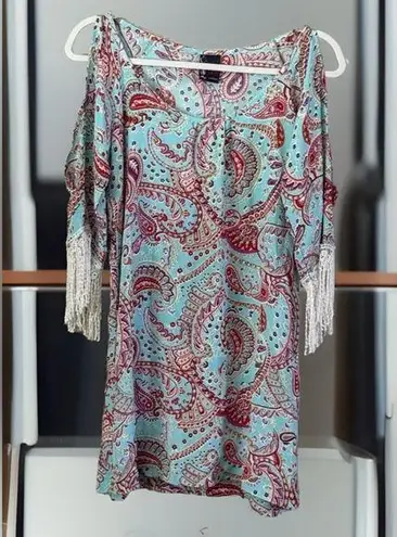 Lucy Love Paisley Print 100% Rayon Cold Shoulder Peasant Mini Delaney Dress Sz M