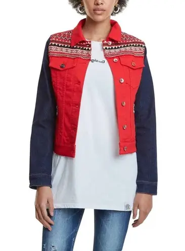 Desigual Red Denim Cropped Jean Jacket Embroidered US 6 New