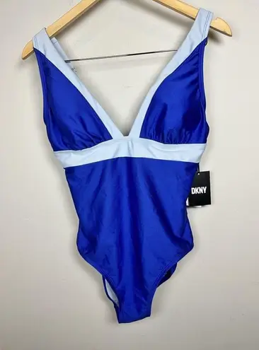 DKNY  LAPIS Plunging Colorblocked One-Piece Swimsuit, US Size 10 NEW Blue