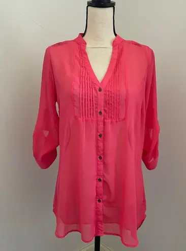Dolled Up Neon Pink Button Down Blouse Large 3/4 Sleeve Semi Sheer Shirt VSCO Pleated Boho