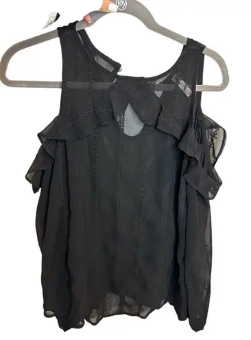 Cold Shoulder Ruffle Blouse Black Sheer Embroidery Elegant Sleeveless Top