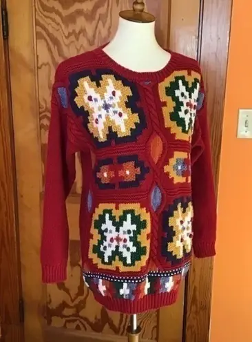 Vintage 80s bright colorful artistic sweater Red
