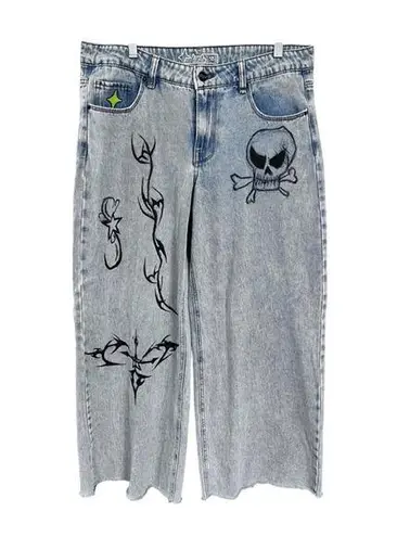 ALAB Skull Rave Jeans Ultra Wide Leg Embroidered Denim Pants Size 10 Y2K Blue