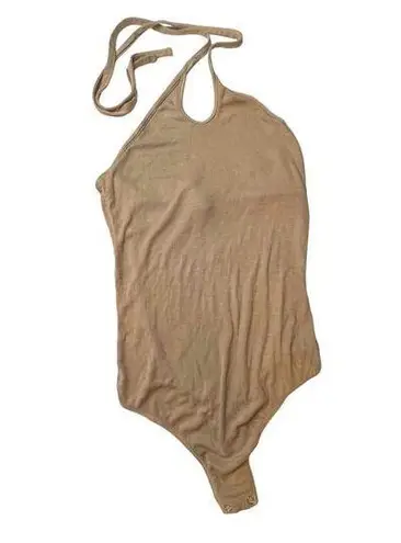Enza Costa Halter Bodysuit Sleeveless Tan Rib Knit Minimalist Womens Small