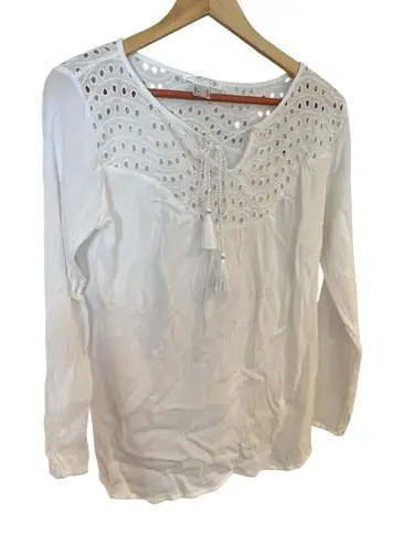 Lascana for Venus White Peasant Blouse Size M Eyelet Lace Tassel Boho Top Size M