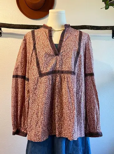 Faherty Aurora Floral Organic Cotton Boho Indie Long Sleeve Blouse Size Large