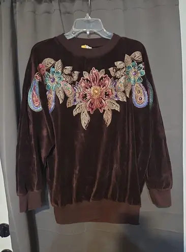 Rafaella Rafael Beaded Brown Autumn Sweater, Vtg Painted Flowers Sweater, Women's Small